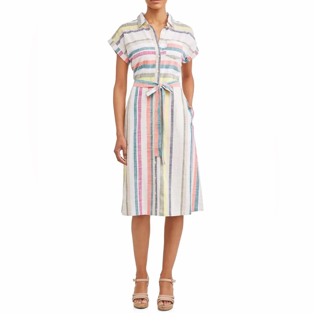 Time and Tru 100% cotton Striped Tie-Waist Midi Dress M